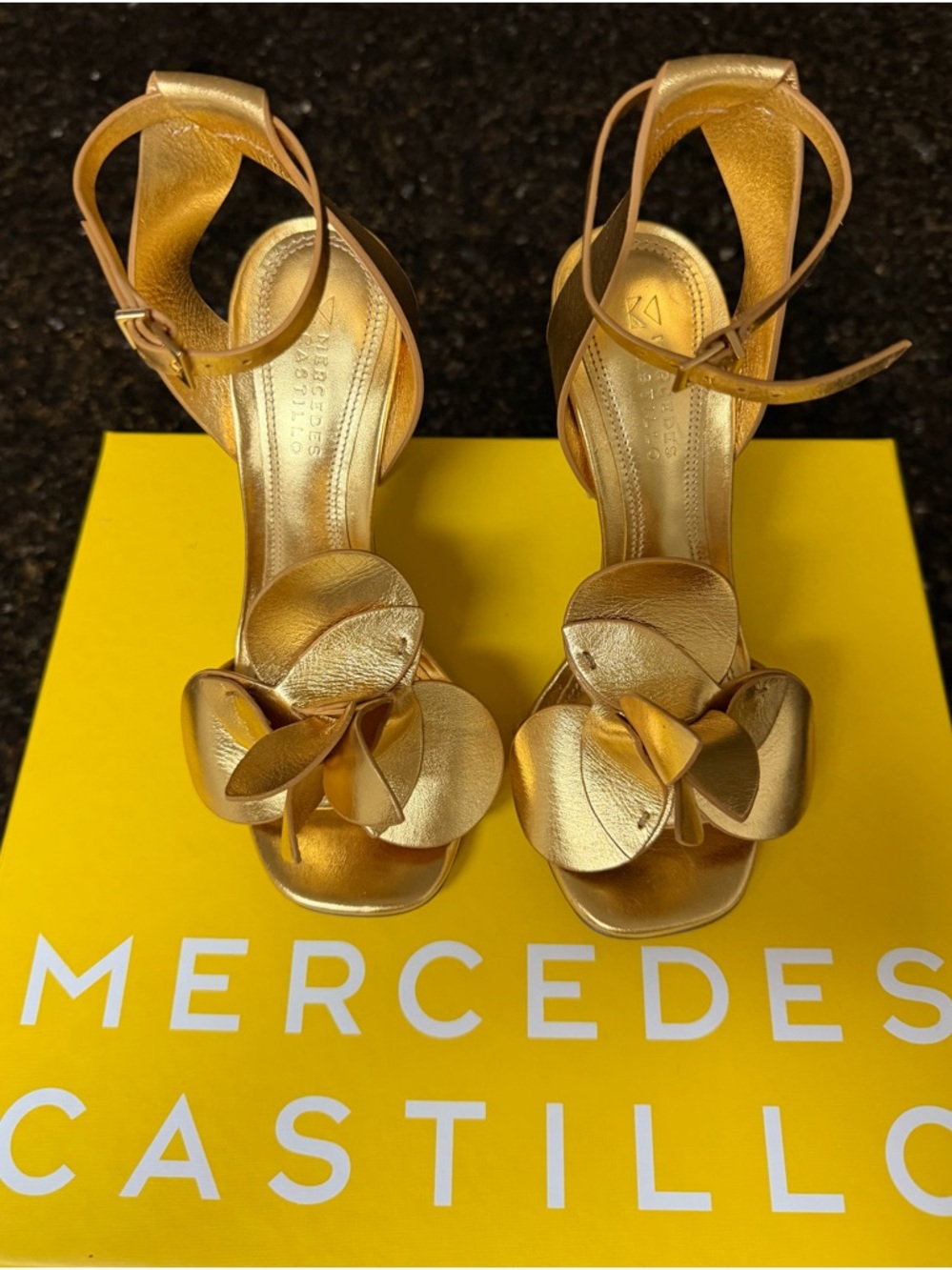 MERCEDES CASTILLO Metallic Gold Floral Ankle-Strap Heels